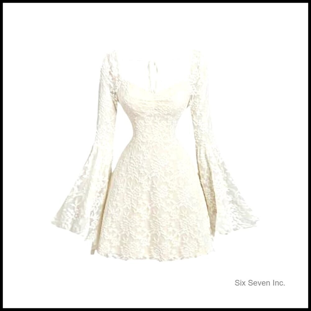 Floral Jacquard Mesh Gothic Dress Bell Sleeve A-Line Vintage Inspired - Picture 4 of 7
